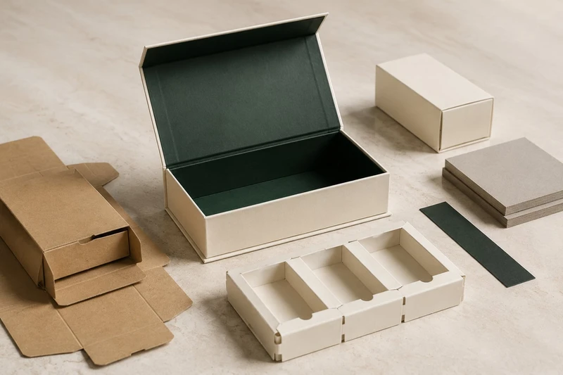 Muestras de estructuras de packaging y un inserto personalizado de cartón