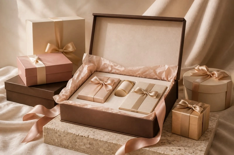 Disposición ilustrativa de packaging de regalo personalizado sin marca